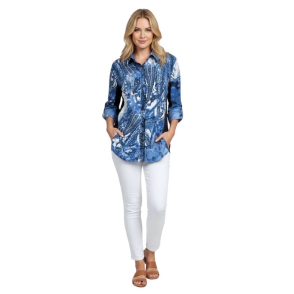 T Tahari Womens Large Button Tie Dye Printed Casual Shirt